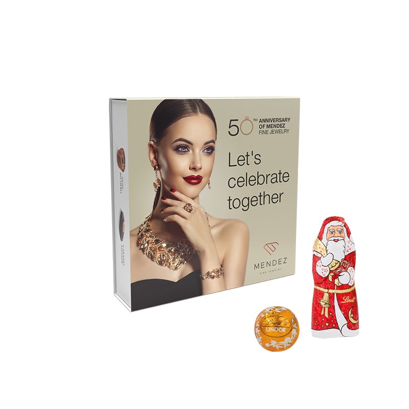 Lindt Präsent im Werbeschuber, Kleine Kostbarkeiten Santa